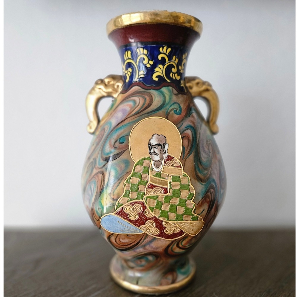 Japanese Satsuma Porcelain Vase Gold Foo Dogโ Handles Hand Painted Figural VTG